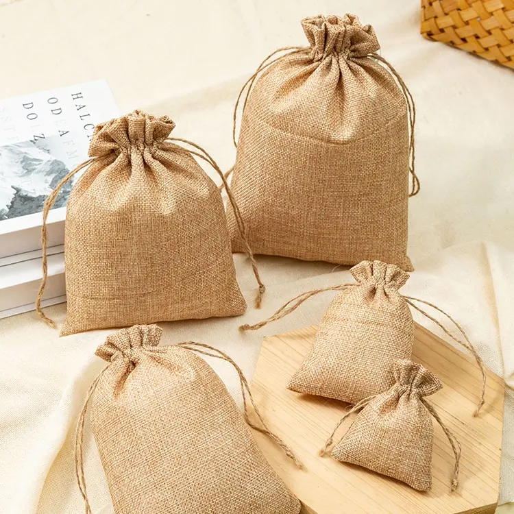 Lichte Kleur Jute Jute Tas Trekkoord Sieraden Pakket Kleine Cadeau Tas Bruiloft Verpakking