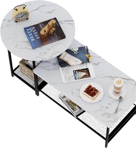 Juego de mesa de centro de 2 mesas auxiliares de almacenamiento ModernWhite Faux Marble Mesa redonda y rectangular para sala de estar Dormitorio Comedor - Product Image 1