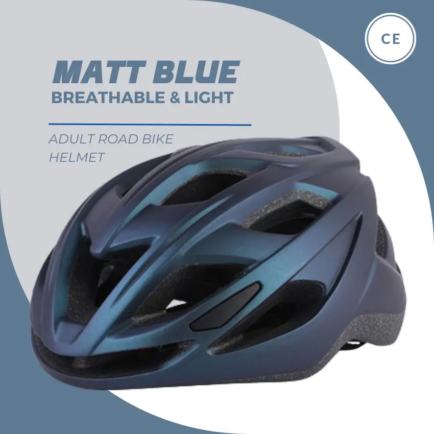 नया आगमन मैट ब्लू हाई परफॉर्मेंस एडल्ट साइकिल हेलमेट 18 बड़े एयर वेंट रोड बाइक हेलमेट रोशनी के साथ
