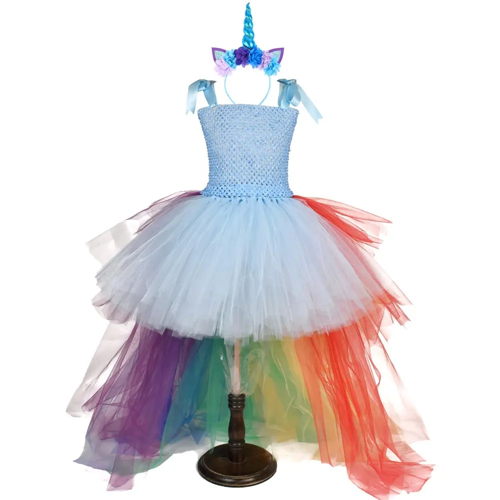 Abito lungo Tutu con scollo a barchetta unicorno ragazze arcobaleno festa di compleanno abiti fotografici bambini eseguire Costume per feste speciali