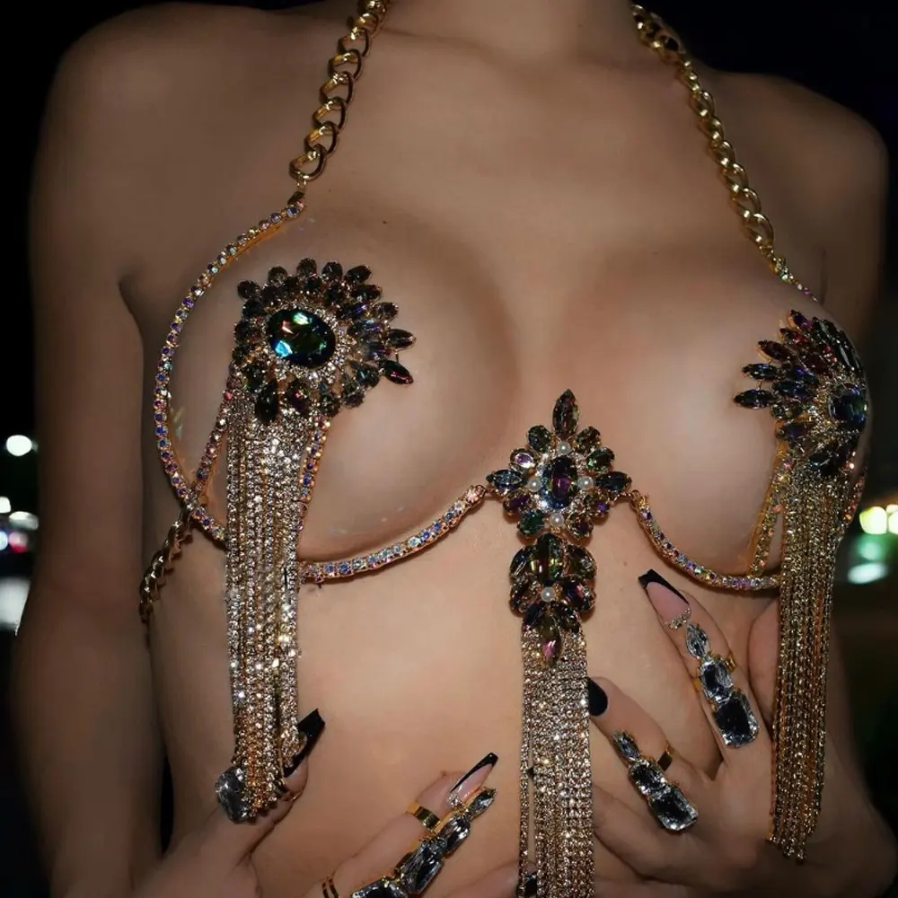 Sexy Rhinestone sujetador cadena playa cuerpo joyería Top colorido cristal pecho soporte sujetador cadena ropa interior Mujer