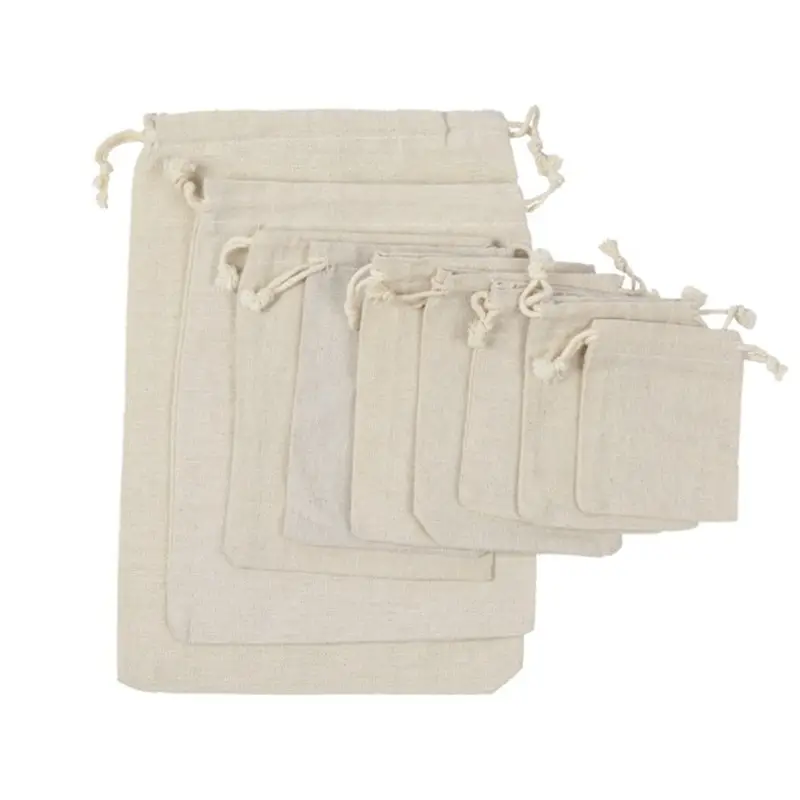 Customized Size eco friendly Organic Cotton pouch Double Drawstring Bag Reusable mini Cotton Muslin Bags