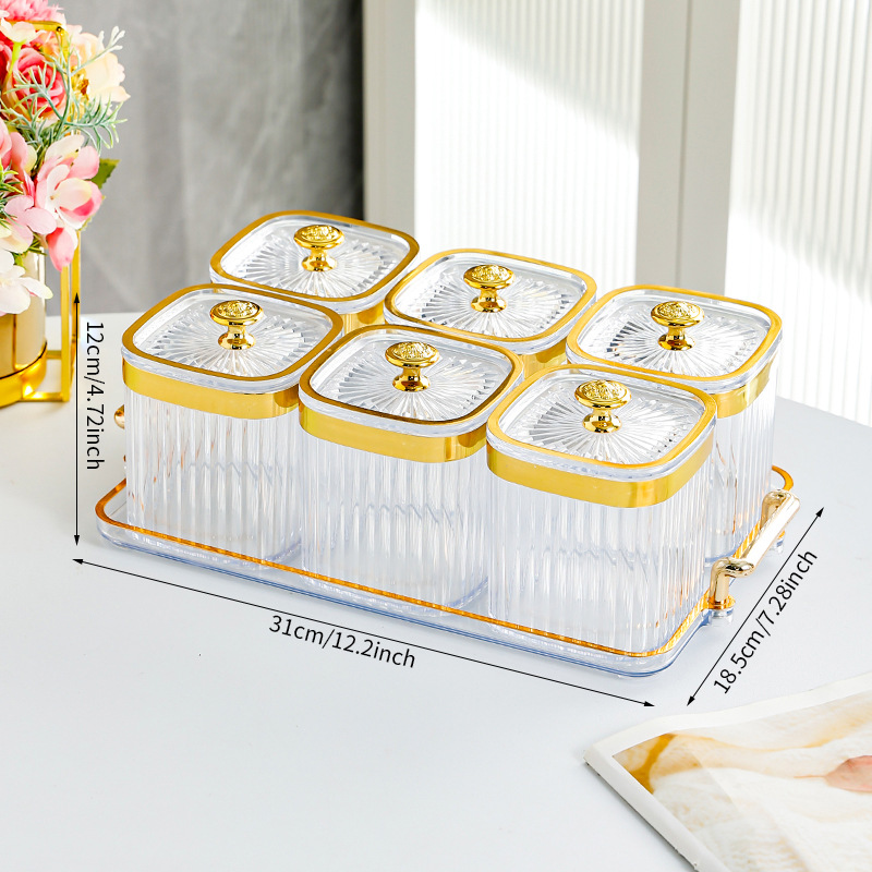 Transparent square jar with 6 compartments - T-shaped gold handle