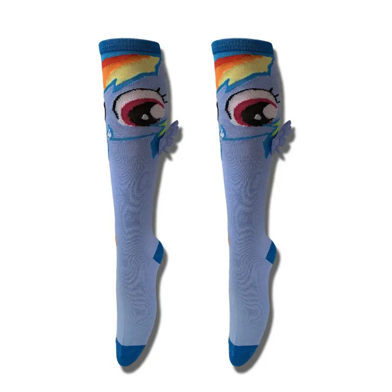 Chaussettes dessin animé 3D pour femmes, bleu, licorne, nettoyer, hautes, 100% coton, bas chinois, en vrac, nouveauté