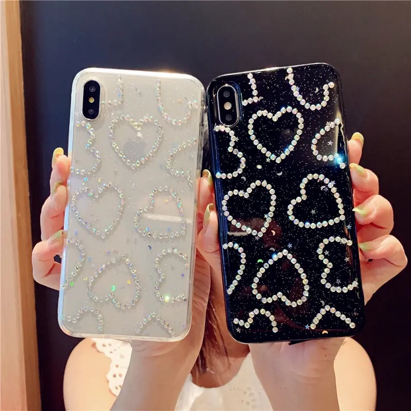 Casing ponsel iPhone, casing ponsel berlian imitasi hati cinta Glitter modis untuk iPhone 15 14 12 11pro 13 pro Max X XS XR XS Max 6 6S 7 8 Plus