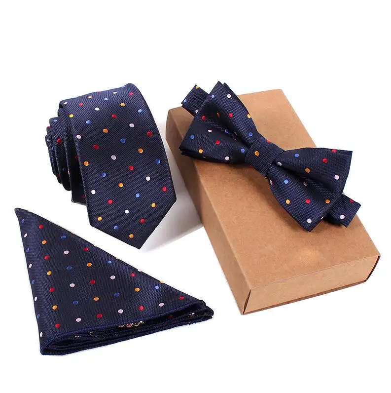 Solid Color Men Tie Set Plaid Pattern Dots Necktie Bowtie Pocket Square Suit Vintage for Business Wedding Party without Box