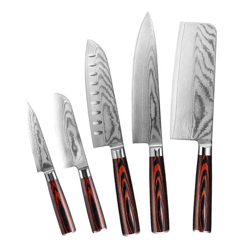 5pcs Forging Process Damascus Steel Blade Kitchen Knife Set With Gift Box