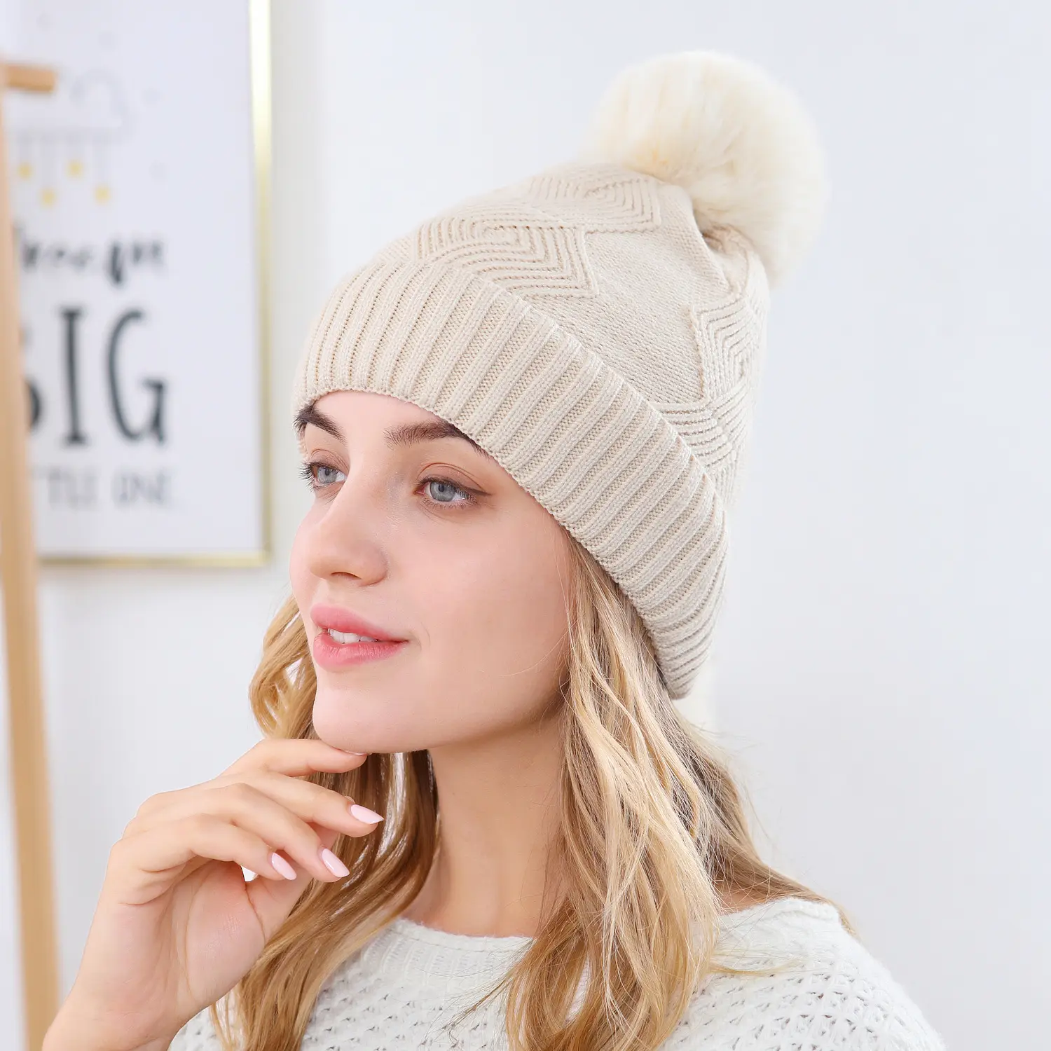 HT-644 cálido de lana para mujer, gorro de esquí con cuello suave, gorros de invierno de piel de conejo