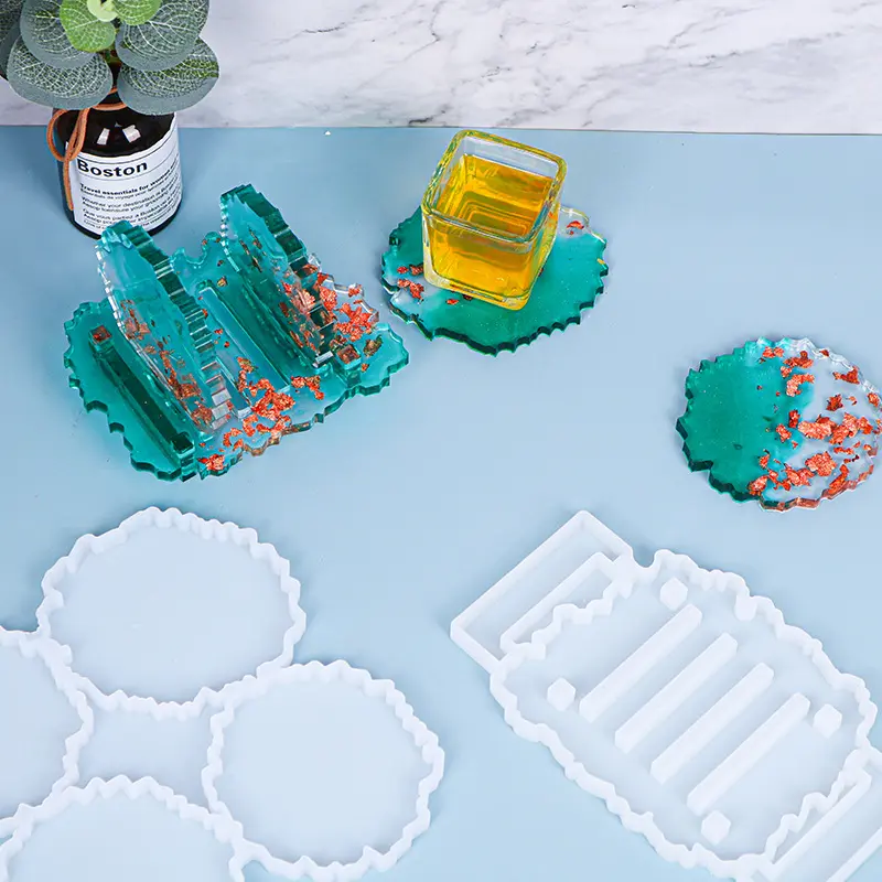 Crystal Epoxy Mould with 4 Irregular Coasters and Coaster Bracket Silicone Mould