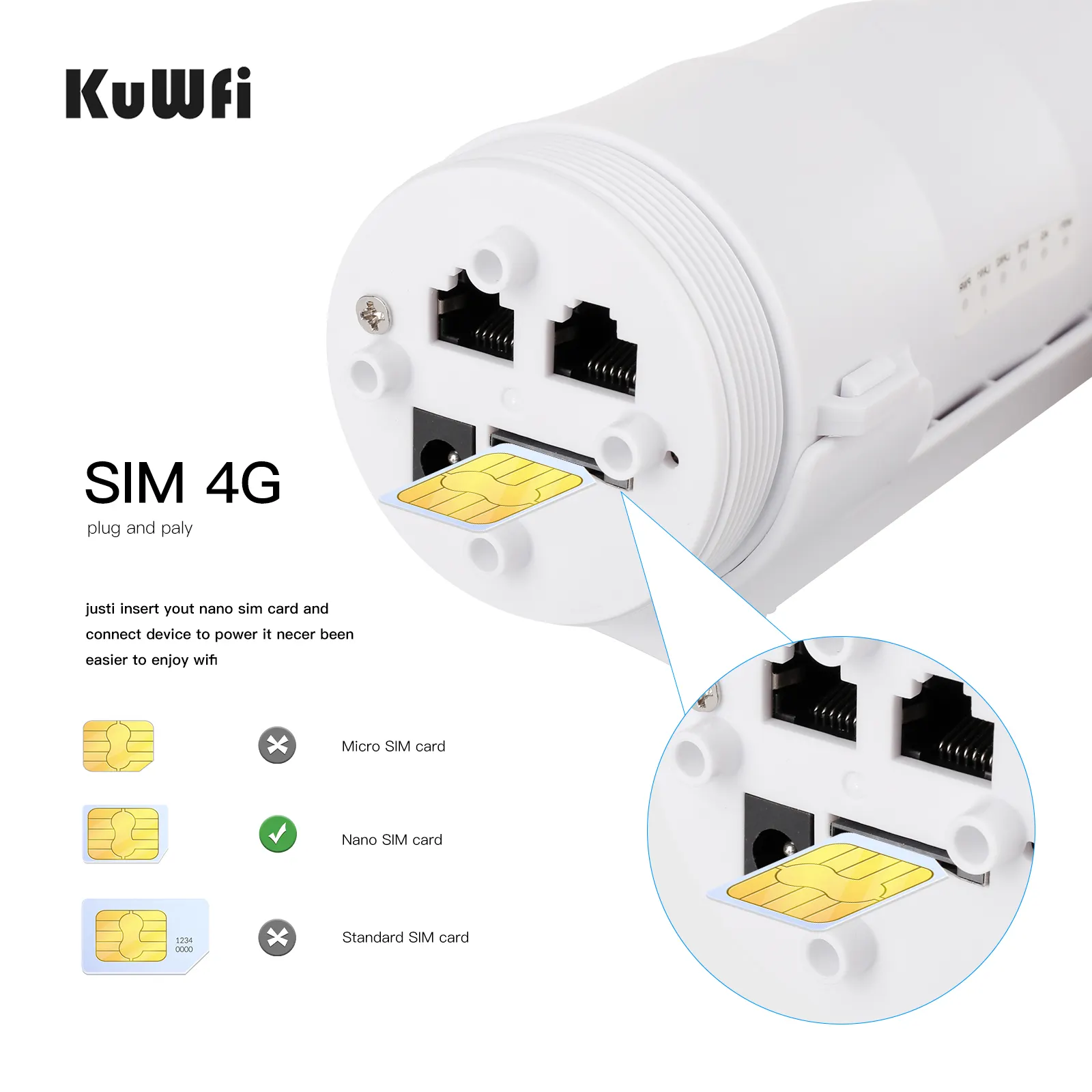 サンプルKuWFi300mbps wifi cpeモデムルーターIP67防水24vpoe電源屋外4GワイヤレスLTEルーター (SIMカード付き)