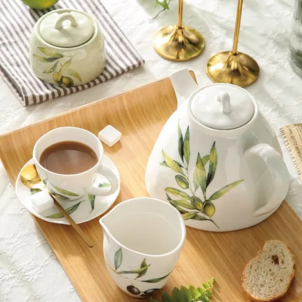 버진 올리브 컬렉션 골동품 컵과 접시 주전자 러시아 도자기 커피 및 차 세트 데칼