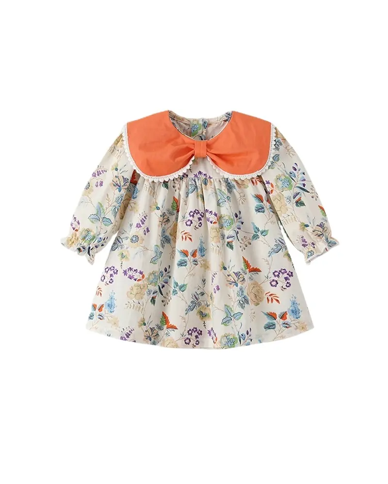 2024 Flor de primavera vestido de niña recién nacida con lazo 100% algodón Niña Peter Pan cuello dulce vestido para niña de 0 a 4 años