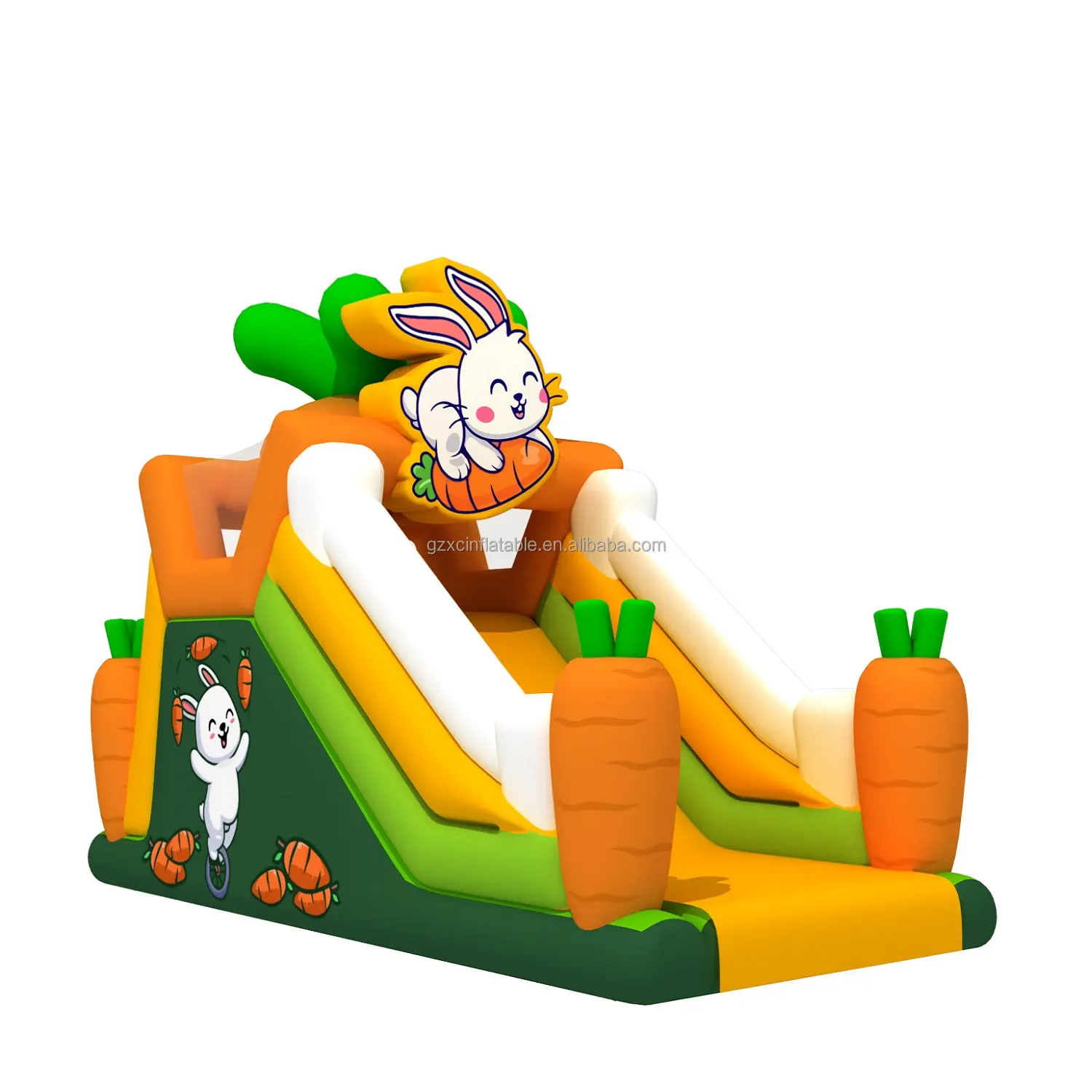 Precio de fábrica niños comercial pequeña caricatura zanahoria conejo Parque Castillo PVC inflable rebote tobogán seco