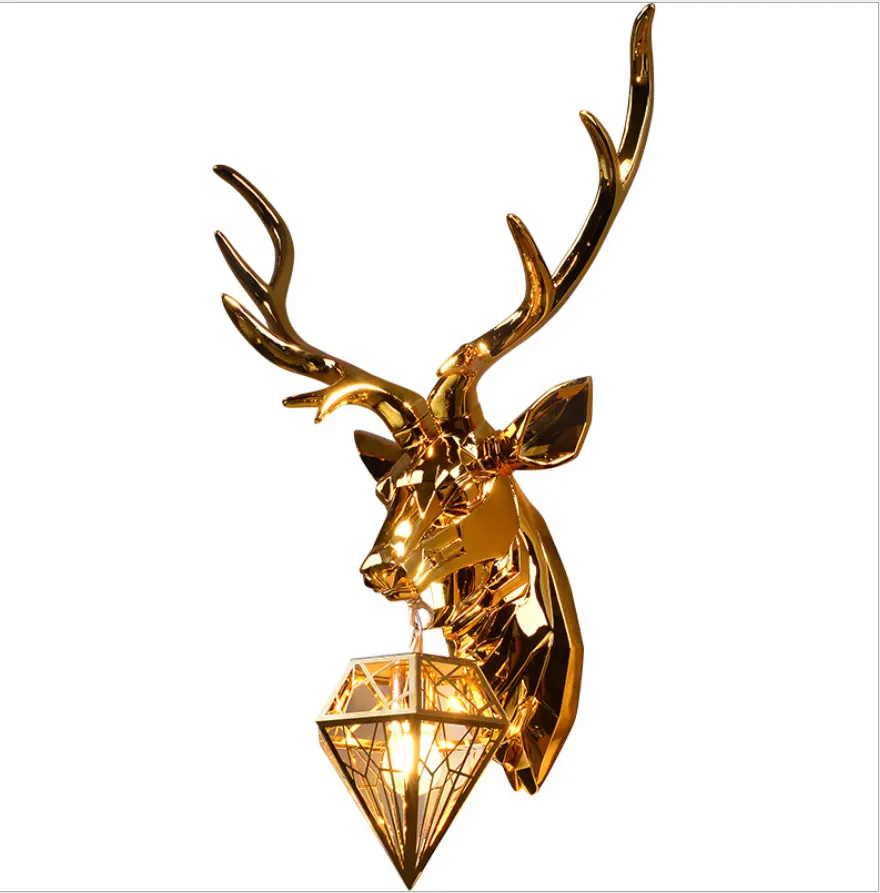İskandinav dekoratif boynuzları antik rustik ülke köy lambaları led altın geyik kafası reçine kristal cam duvara monte ışıklar