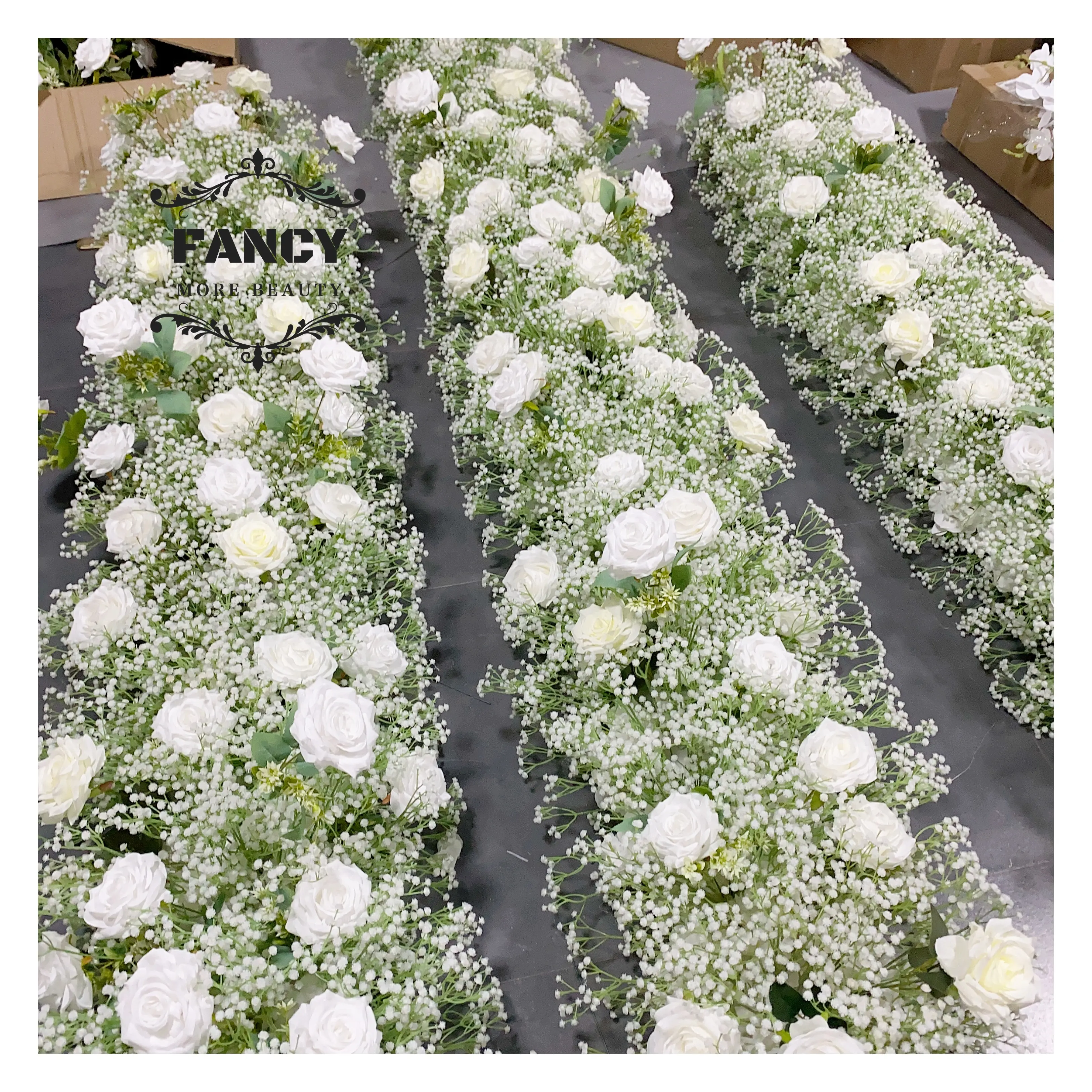 Luxo White Rose Babysbreath Casamento 5D Floral Runner Arranjo Evento Mesa Centerpieces Tecido Gypsophila Flower Garland