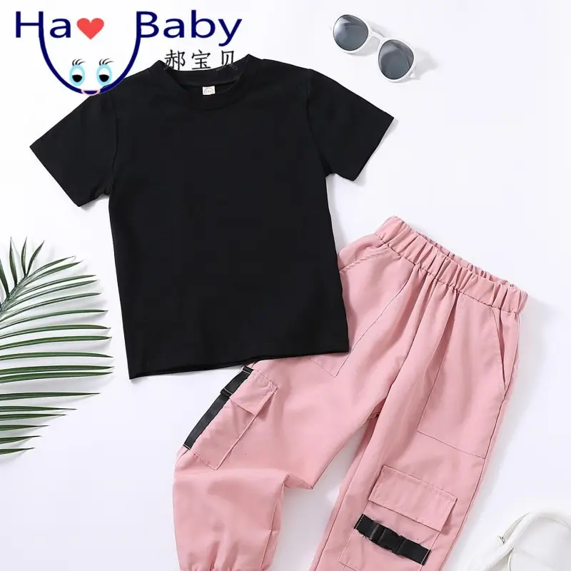 2023 Hao Baby Meisjes Zomer Effen Kleur Korte Mouwen Top Modieuze Werk Broek Tweedelige Set