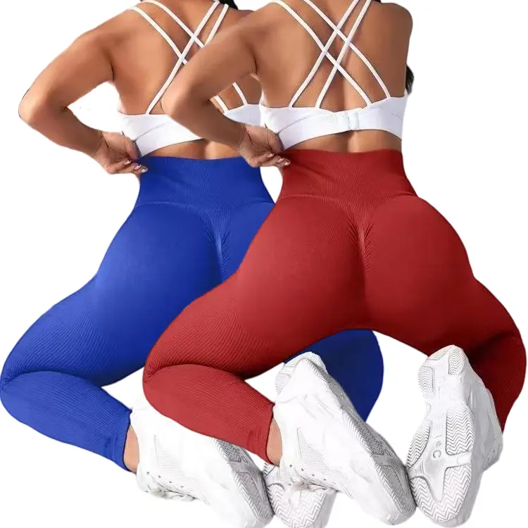 2023 gimnasio Yoga sin costuras apretado cintura alta Scrunch Butt entrenamiento correr Yoga pantalones Rib-Knit Leggings para mujeres