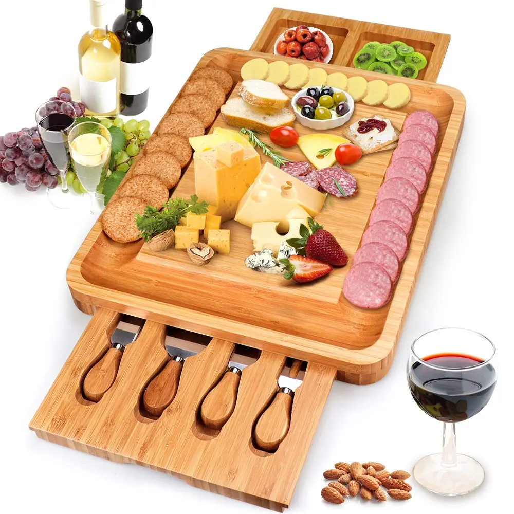 Bamboo Cheese Board with Cheese Tools, Cheese Plate Charcuterie Platter with Utensils Set and 4 Stainless Steel Cutting Knives
