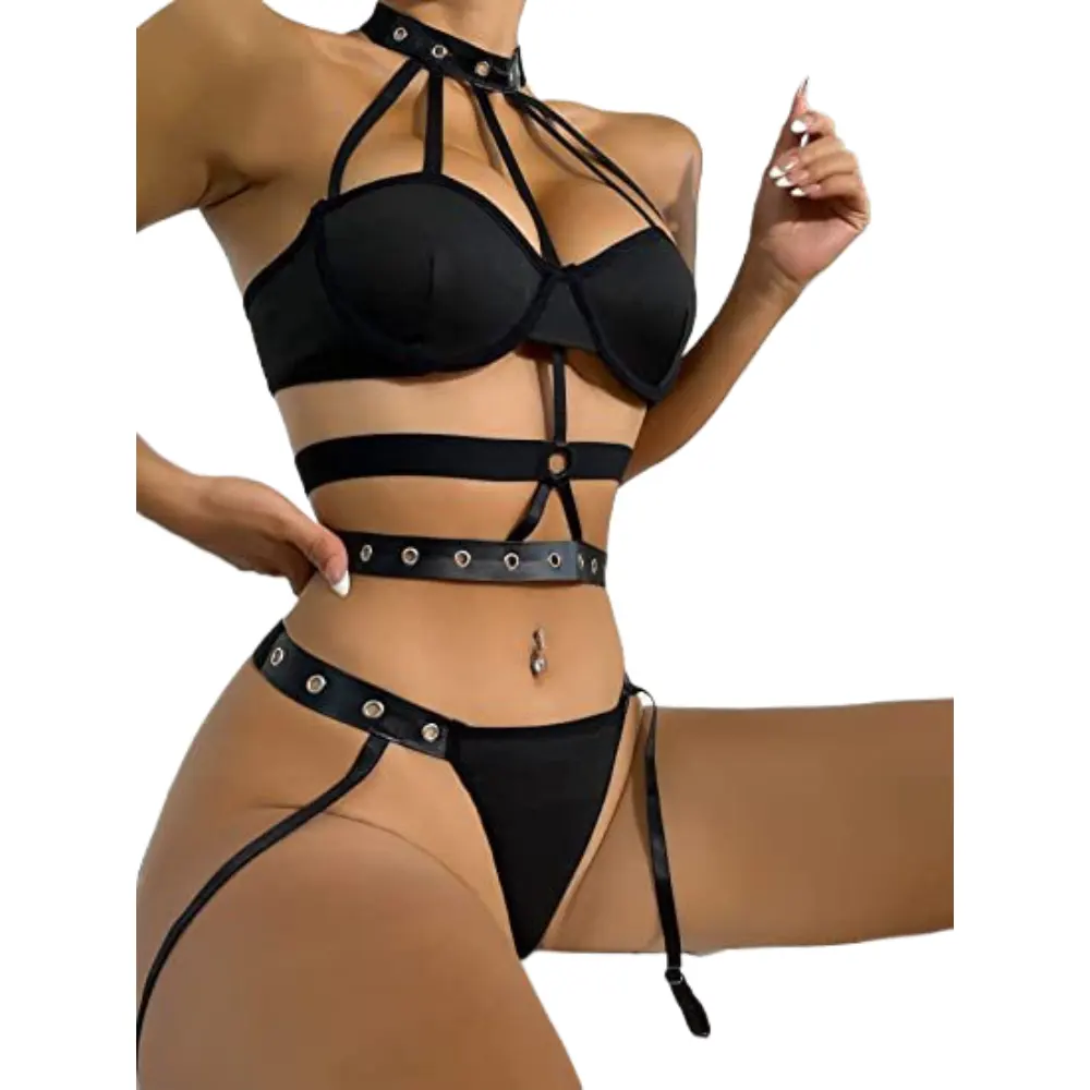 Conjunto de sutiã e calcinha de 3 pontos com tiras pretas, roupas de mulheres eróticas, conjuntos de ligas e ligas, roupa íntima sexy, mais vendidos em 2023