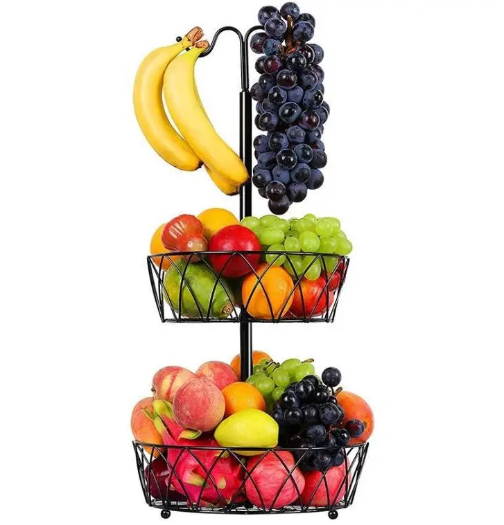 Cesta de 2 camadas para bancada, bancada preta para frutas e legumes com cabide de banana