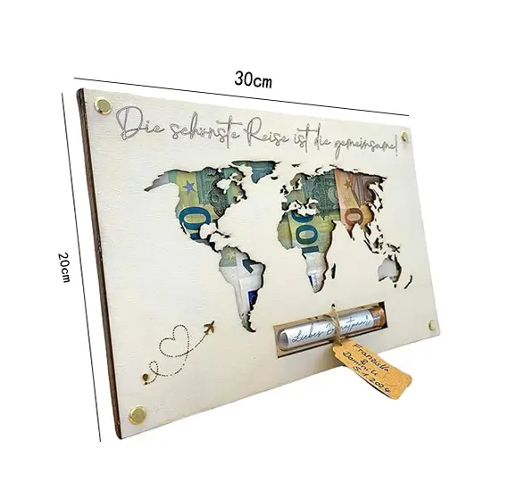 Carte du monde personnalisée, carte murale en bois, carte du monde, portefeuille de mariage, cadeau d'argent, carte de voyage en bois, art mural
