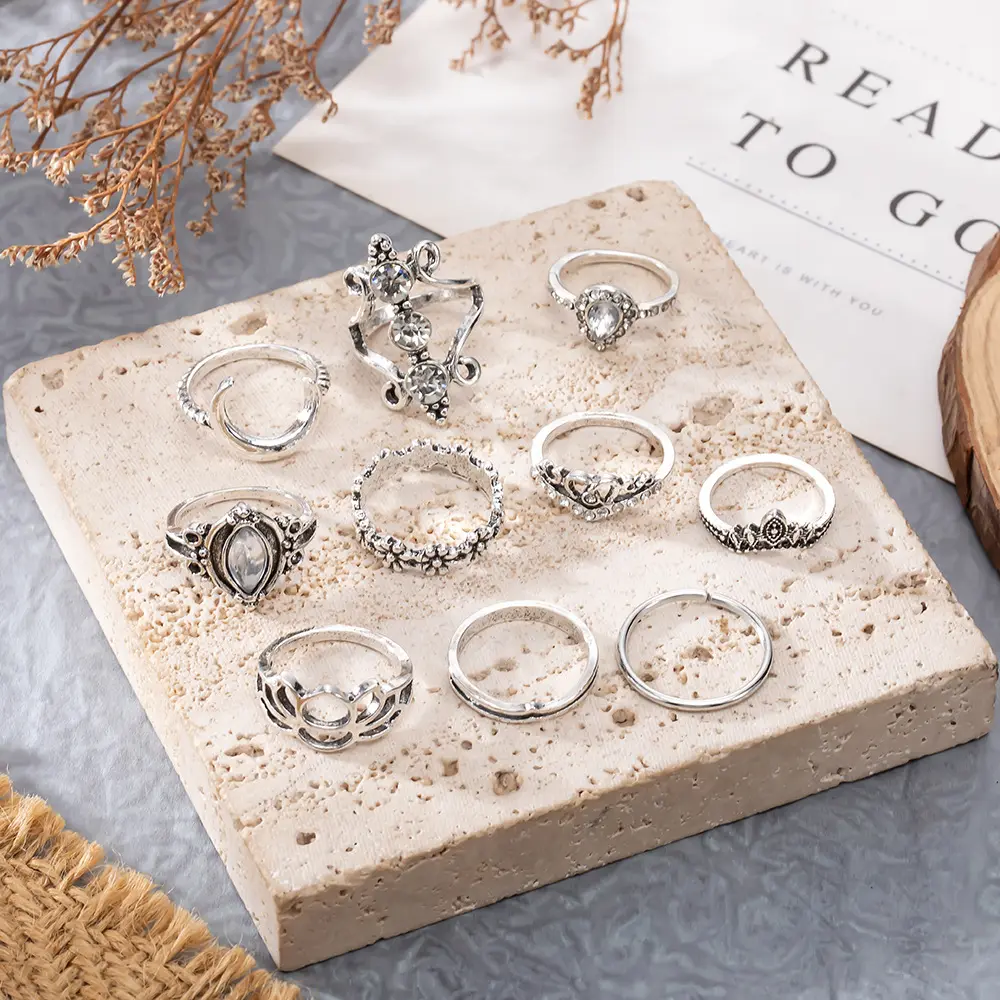 10 Stks/set Hete Verkoop Bohemen Antiek Zilveren Kleur Ringen Zirkoon Maan Hart Holle Sieraden Ring Set Voor Vrouwen