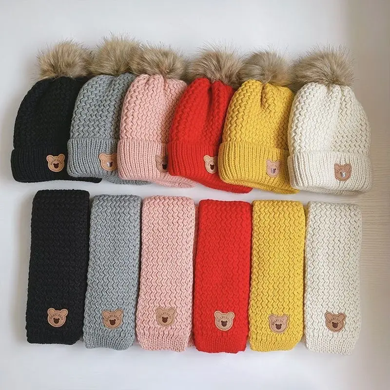 Niños invierno sombrero bufanda conjunto Pom tejido Beanie otoño lindo arco clásico bufandas niños y niñas Pequeño Oso grueso gorro de lana