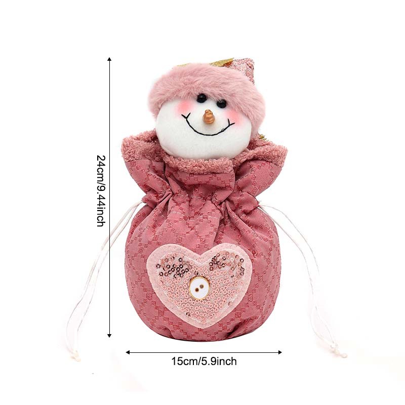 Sac pomme à paillettes roses bonhomme de neige