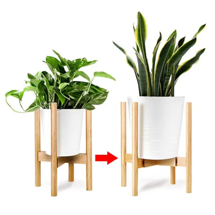 Plant Stand, Mid Century Modern Flower Pot Holder for Indoor, Natural Bamboo Plant Shelf, Display Rack for House Plants