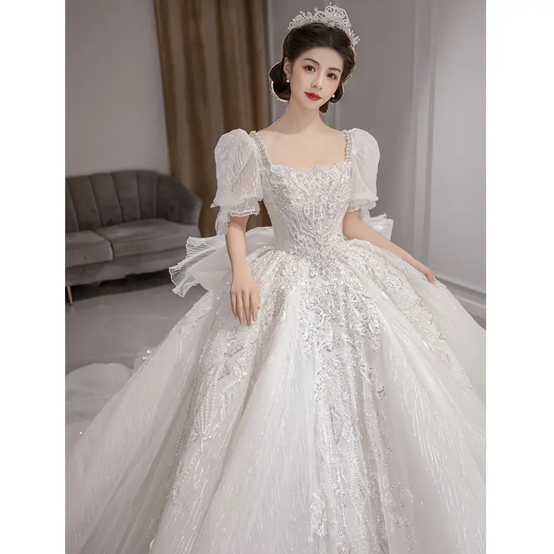 Wholesale Exquisite Puffy Sleeve Shoulder Slim Fit White Elegant Shining Formal Wedding Dresses