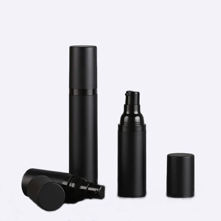 स्टॉक में माल 15ml 30ml 50ml कॉस्मेटिक लोशन मैट काले 15g 30g 50g पैकेजिंग क्रीम बोतल काले वायुहीन पंप बोतल
