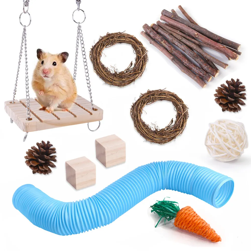 Hamster ahşap oyuncak seti Pet tavşan gine domuz çim topu molar malzemeleri hamster kanal