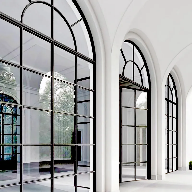 Hôtel ou immeuble de bureaux porte d'entrée en verre avec fenêtre latérale en acier rangée continue de conception de fenêtres et portes du sol au plafond