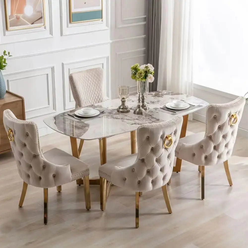Avrupa lüks düğme püsküllü kadife kumaş aslan tokmağı Modern tasarım paslanmaz çelik bacaklar yemek odası setleri 6 yemek sandalyeleri