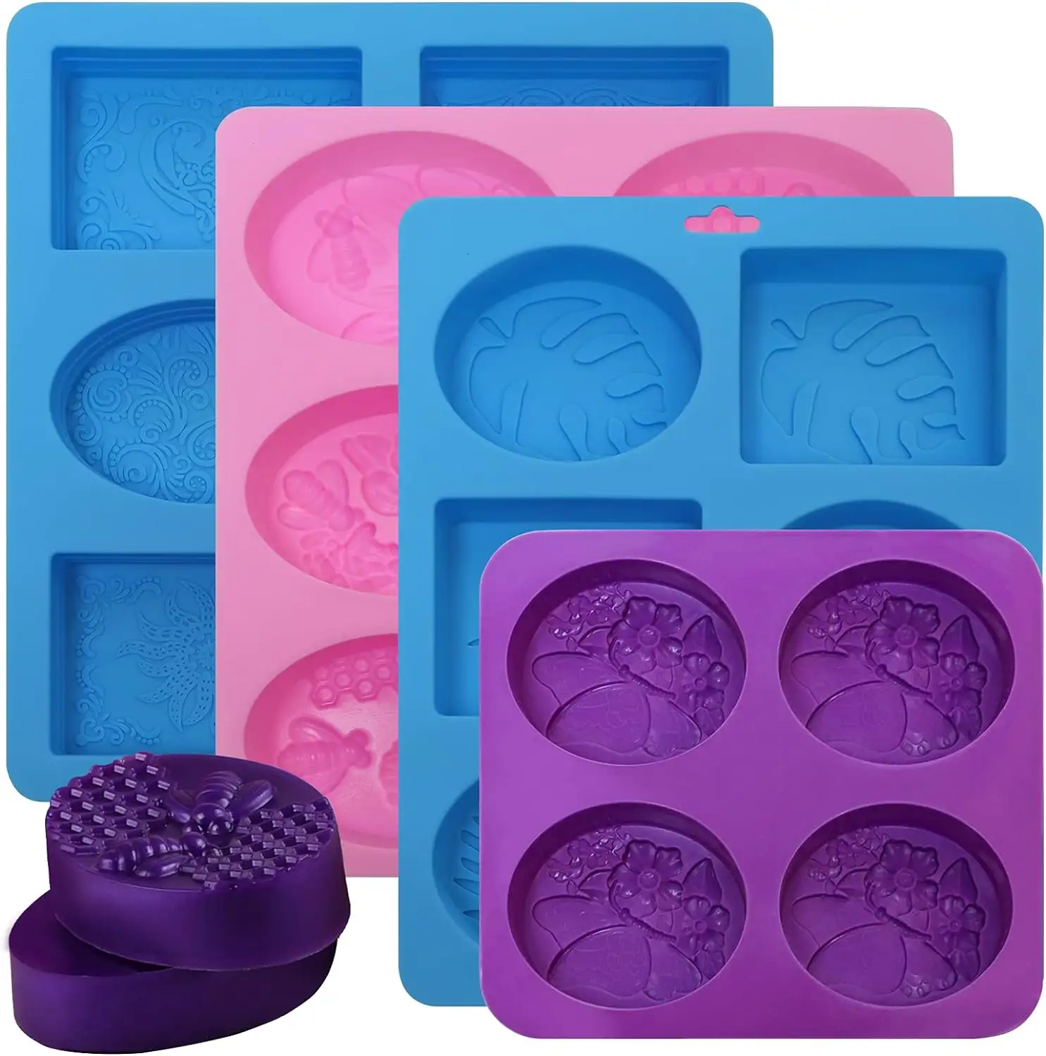 Moldes de silicone para fazer sabão, 6 cavidades, retângulo e formas de elipse oval, desenhos de flores para sabonetes artesanais