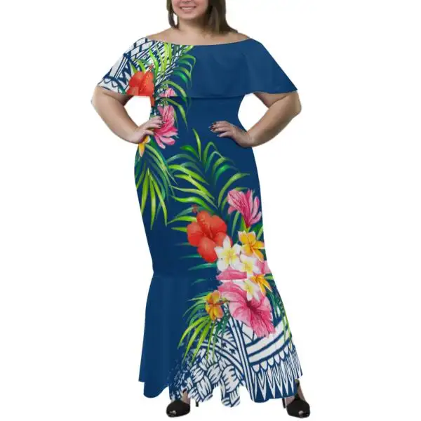 2022 Summer Pacific Island Art Damen Hibiskus HD Print Kleid Polynesisch Samoan Pia Milch Seide One Shoulder Fishtail Kleid