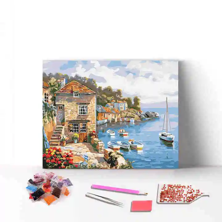 Immagine regalo per bambini di 30x40cm su misura con paesaggio marino casa di paese dipinto con diamante 5D fai da te