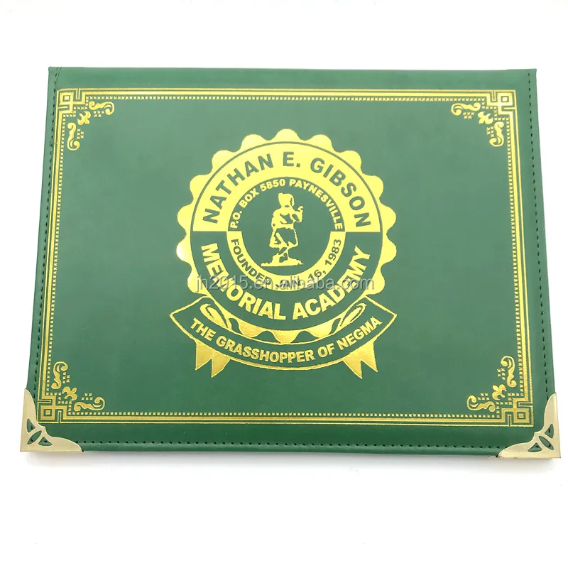 Logotipo personalizado verde tamaño A4 cuero sintético dorado impreso diploma de graduación certificado titular grado carpeta diploma cubierta