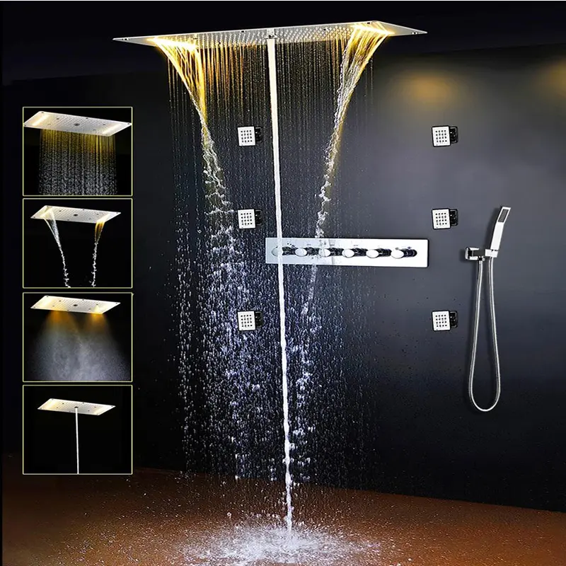 Nieuwste Goedkope Rvs 5 Manier Omstelling Mixer Set Led Regendouche Hand Gehouden Douche Met Body Spa Massage jets Set