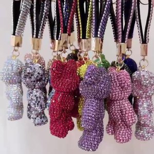 高品质彩色水晶水钻钻石蓝色粉色泰迪熊钥匙扣皮革闪亮动物熊珠光宝气