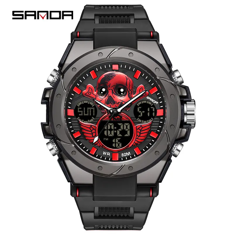 SANDA-reloj electrónico deportivo para hombre, pulsera de cuarzo con diseño de esfera de Calavera, estilo G, resistente al agua hasta 50M, pantalla Dual