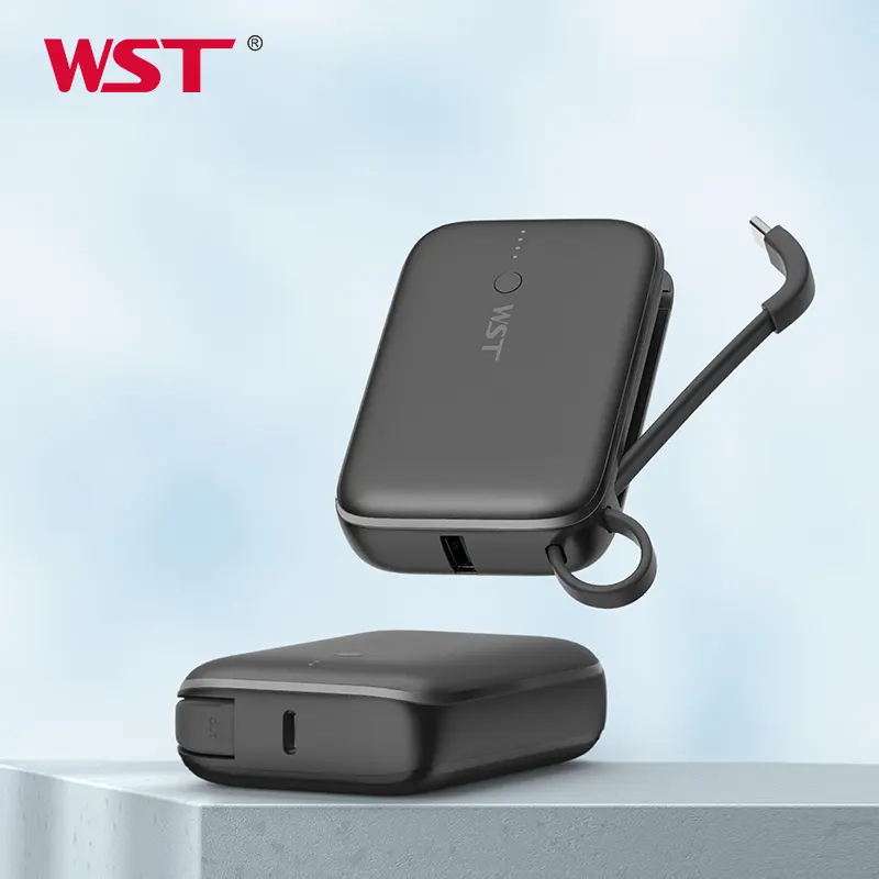 WST 전체 용량 듀얼 usb-c 9600 mah 휴대용 미니 전원 은행 내장 케이블 아이폰 배터리 케이스 충전기