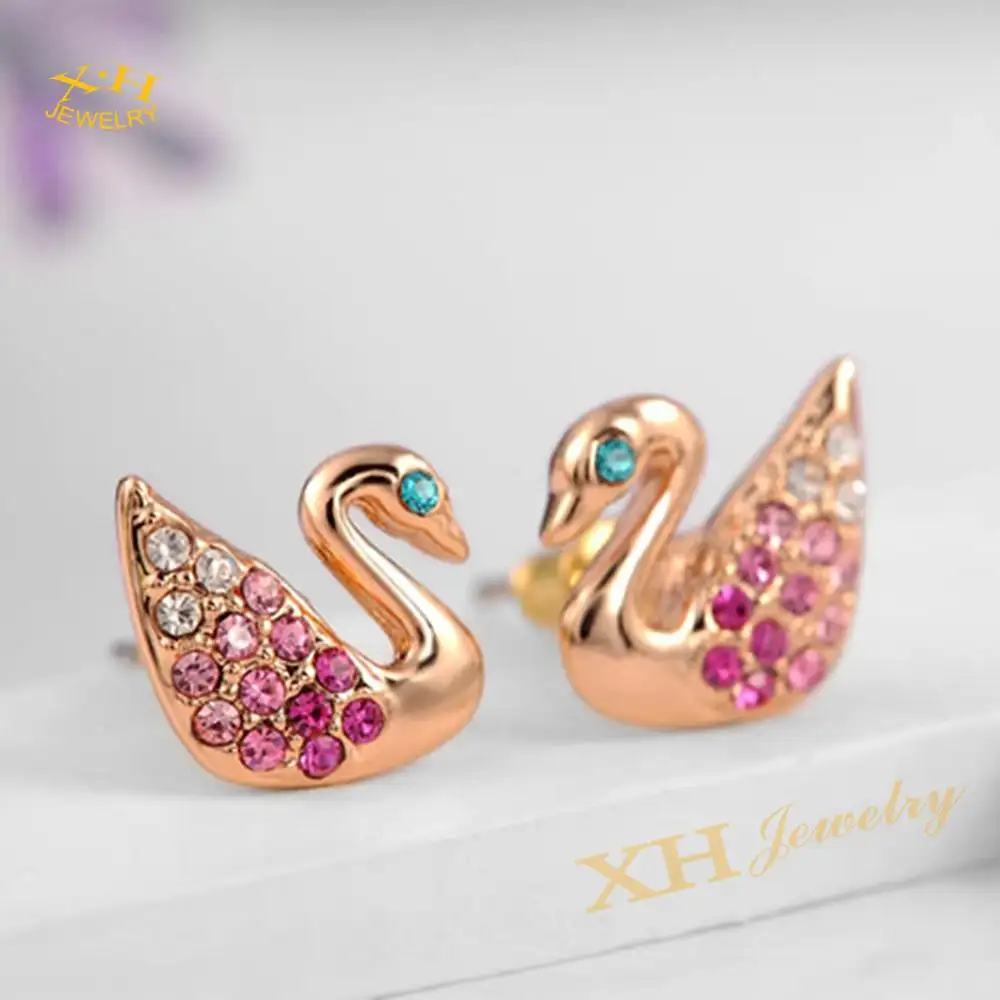Brincos de cisne elegantes, mini joias com cristal áustria, brincos banhados a ouro rosado, presente de dia dos namorados