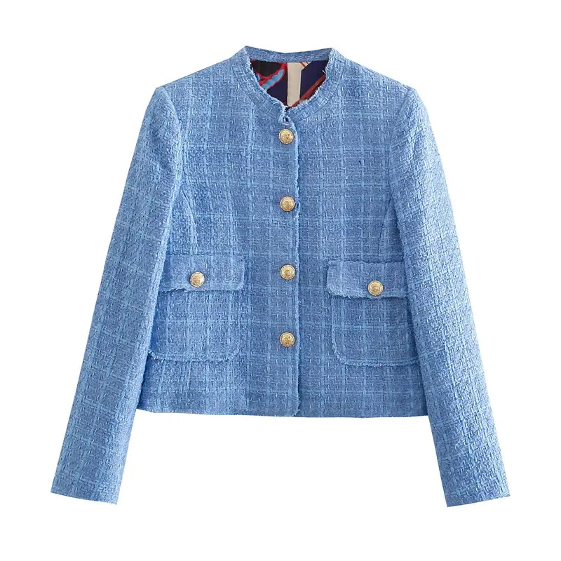 2024 chaquetas y abrigos de tweed informales de manga larga con cuello levantado de color azul claro para mujer