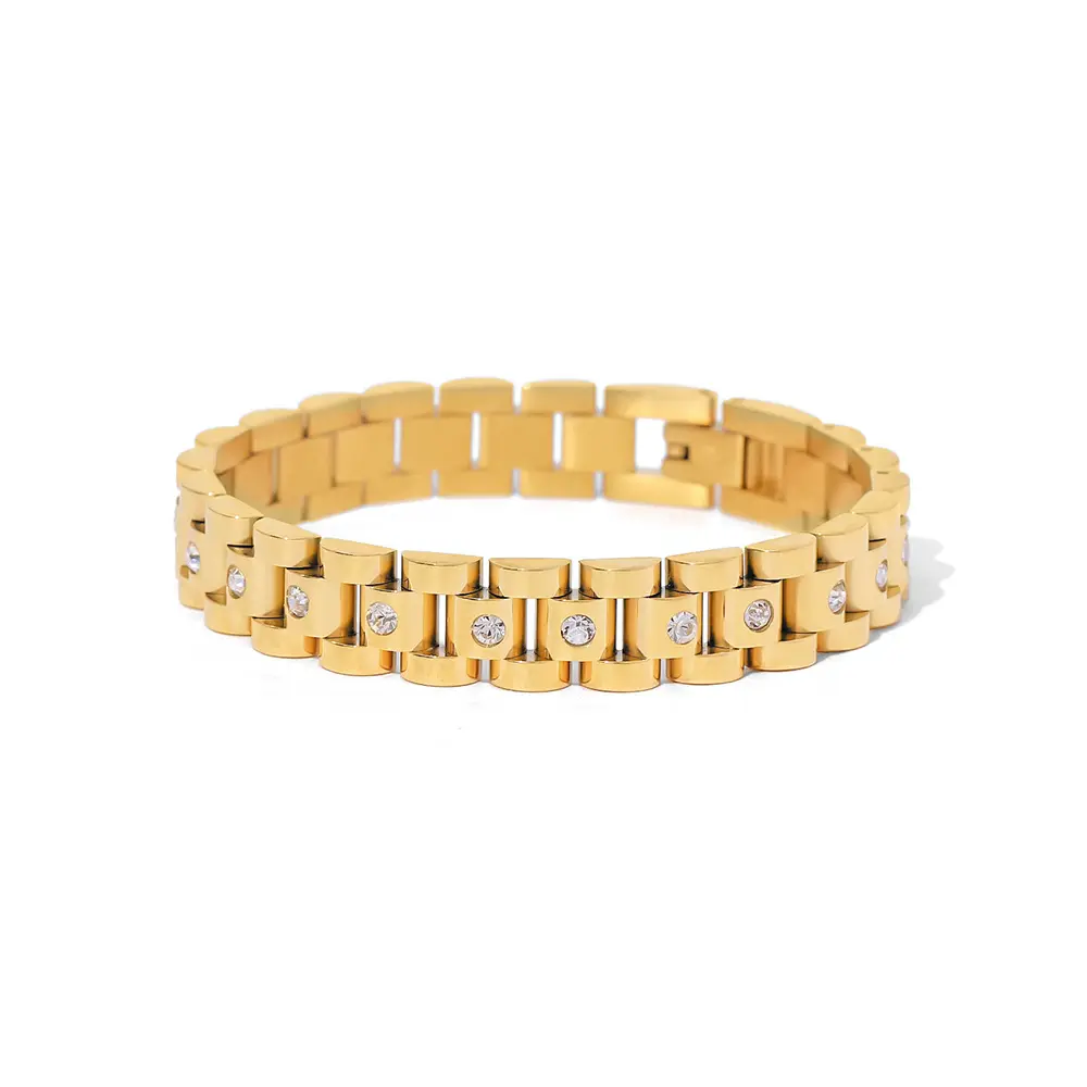 Trendy 18 Karat PVD vergoldet Edelstahl Uhren armband Armreifen breite Zirkonia Uhren armband Armband für Frauen
