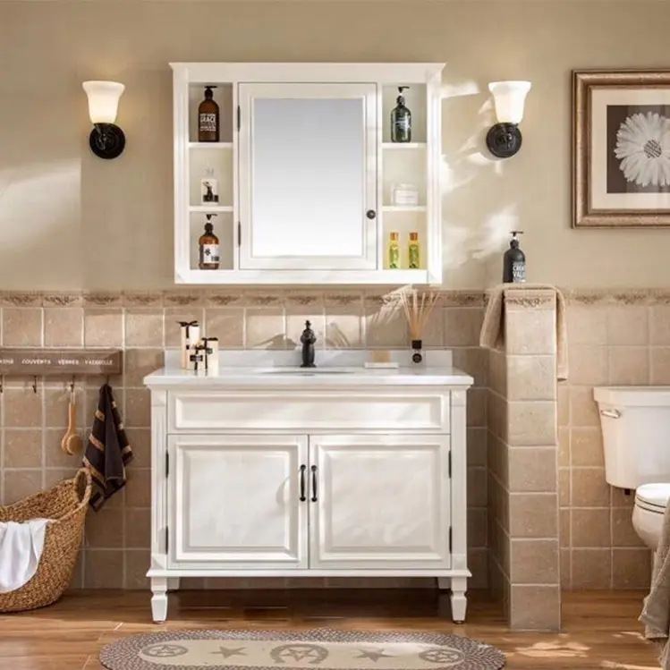 Modern bathroom design china factory manufacturer white oak solid wood bathroom furniture classical vanity cabinet
