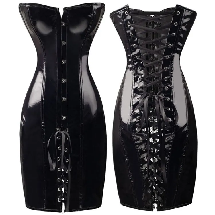 Siyah uzun ince PVC deri korse elbise seksi gotik büstiyer üst Boning artı boyutu nefes yetişkin korse