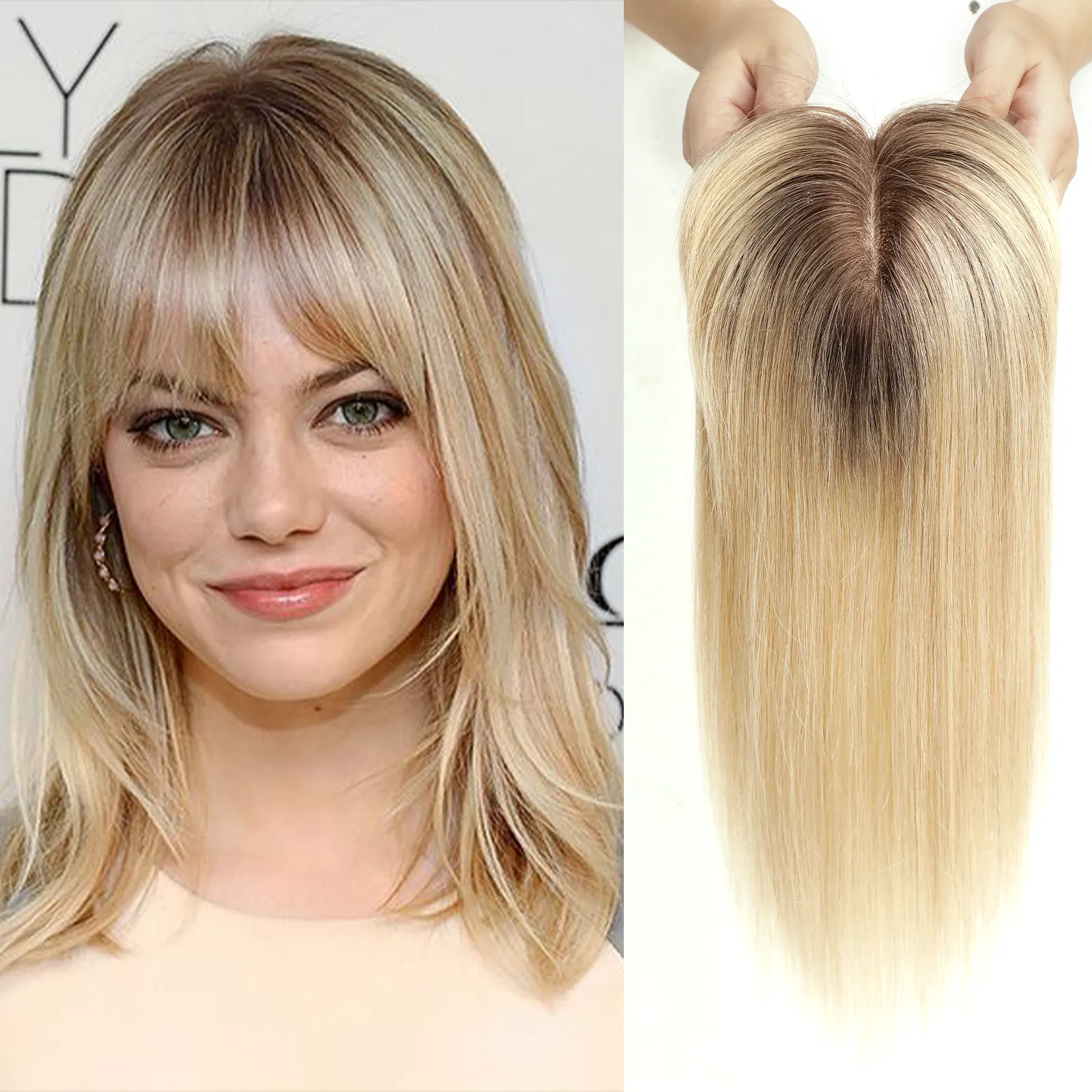 613 Hair Piece Real Human Hair Silk Base Topper for Women Natural Straight Blonde with Bangs Clip in Hairpiece