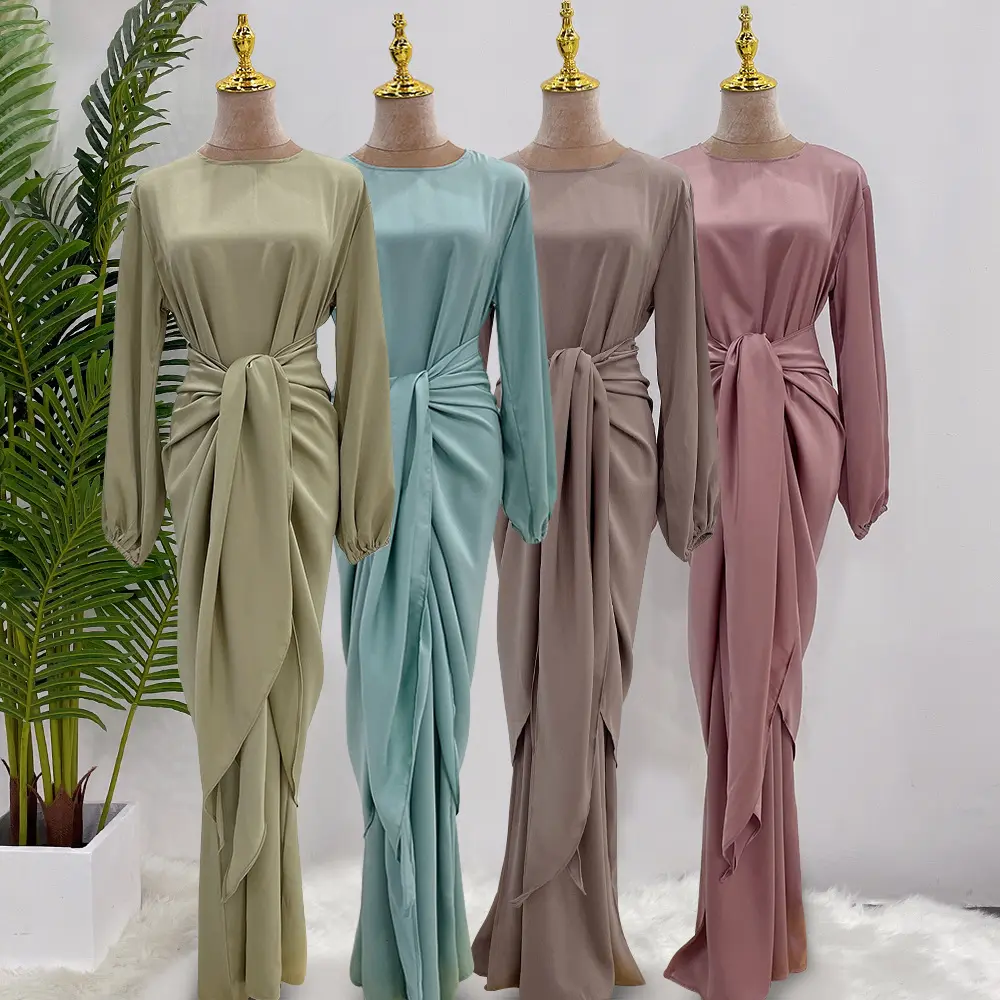 Abaya Mẫu Mới 2023 Bộ Váy Quấn Satin Thời Trang Khiêm Tốn Đầm Hồi Giáo Abaya Kín