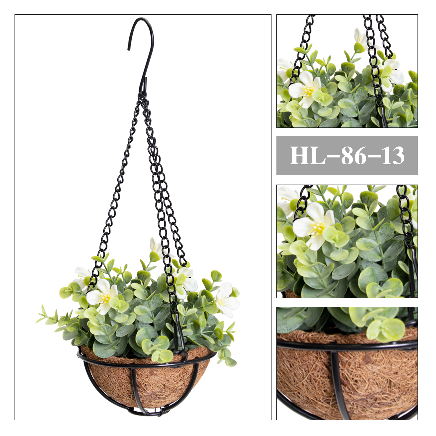 Fake White Eucalyptus Flower Hanging Basket With Coconut Liner